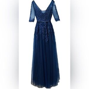 Womens V Neck Mesh Floral Appliqué Tulle Formal Gown